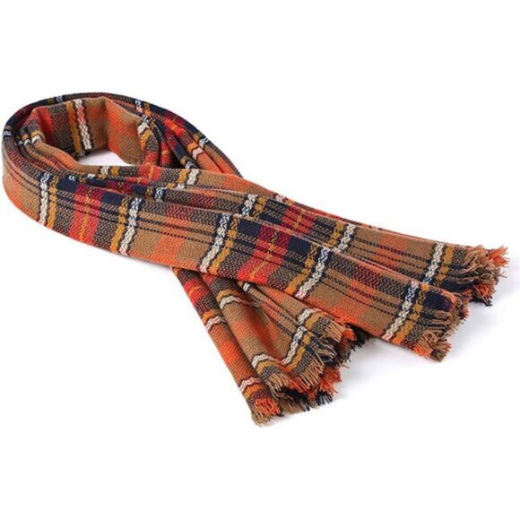 Women's Fall Winter Scarf Classic Tassel Plaid Orange - Picture 5 of 6